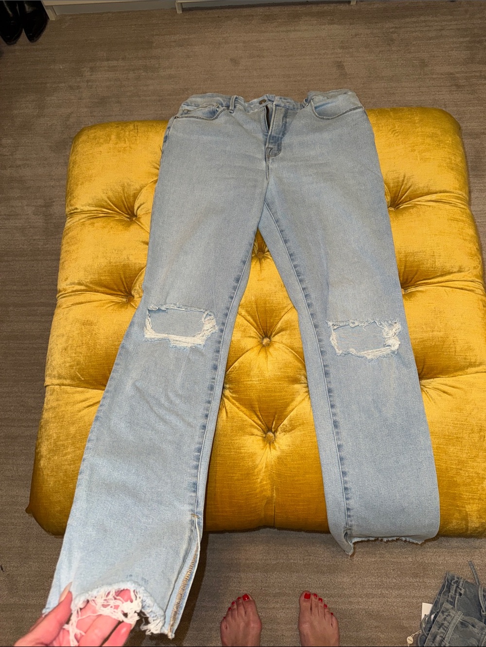 Good American Light Blue Distressed Flare Jeans